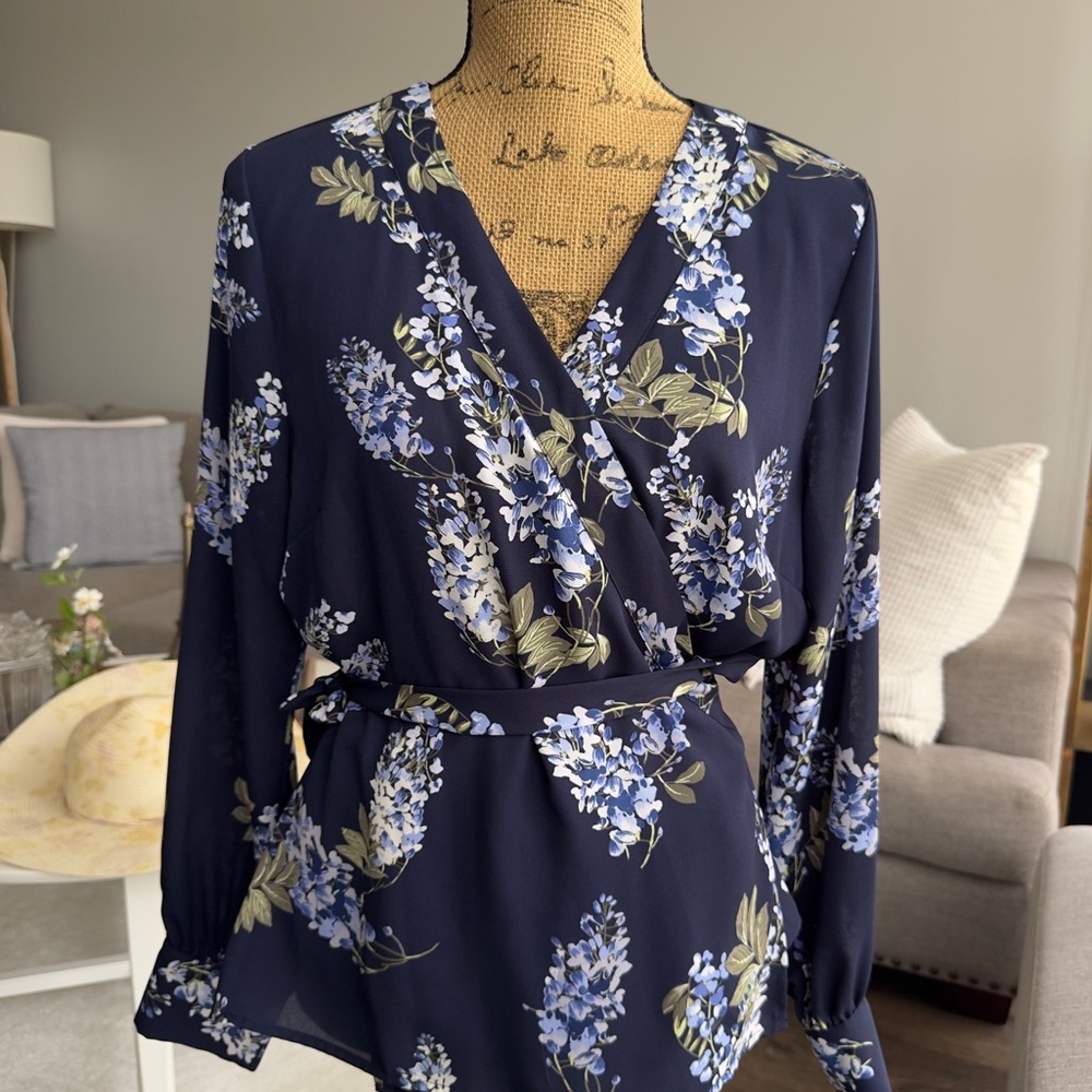 Vince Camuto Navy Floral Wrap Blouse